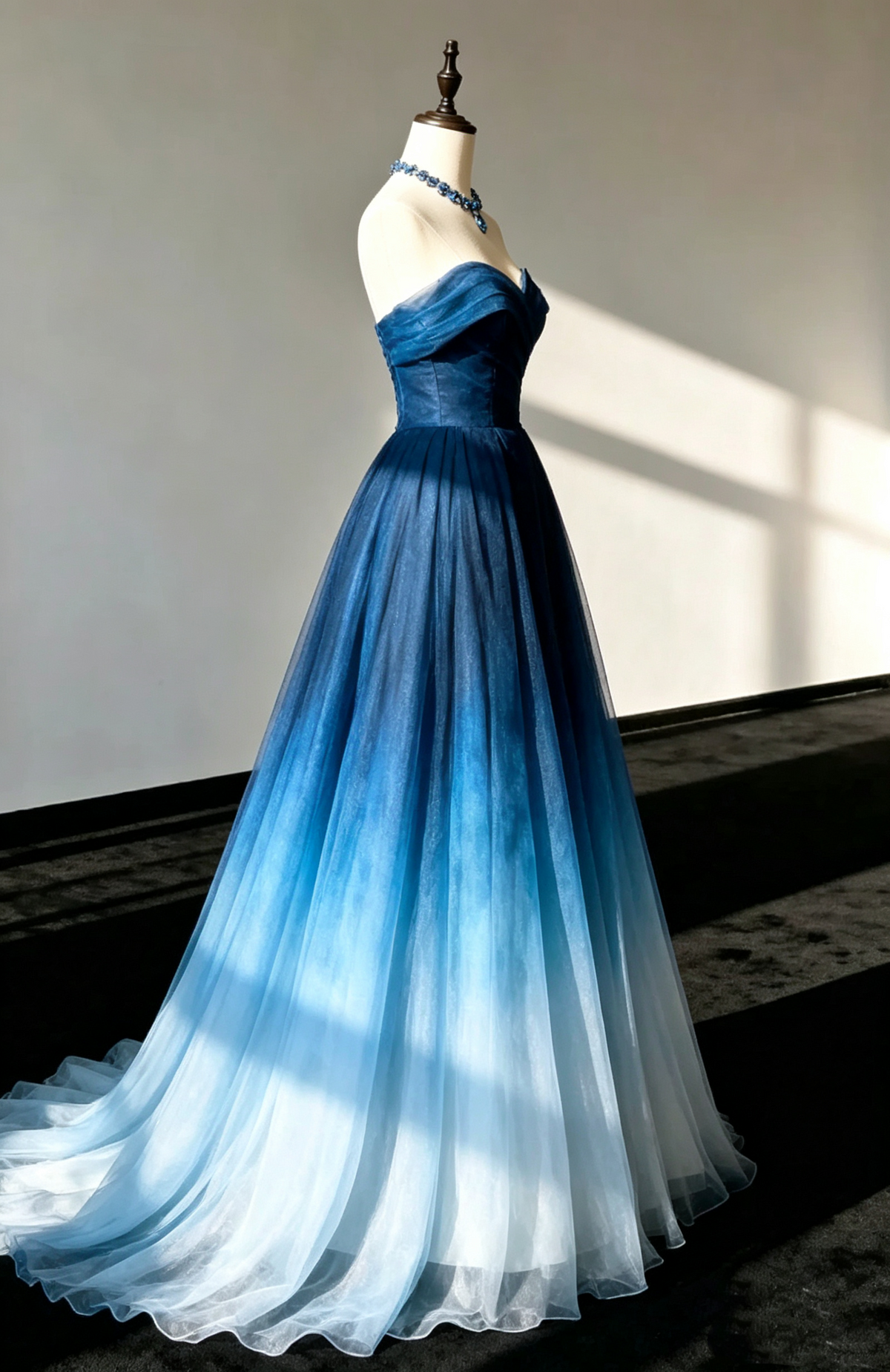 Pretty Strapless Off The Shoulder Ombre Blue Long Prom Dress Evening Gown D1392