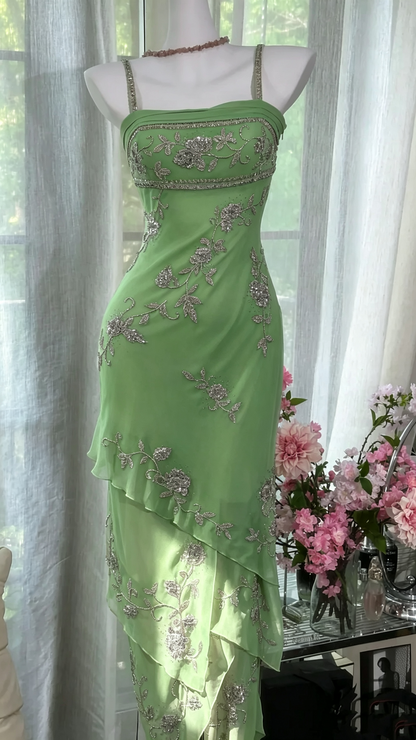 Sweet Spaghetti Straps Pink Chiffon Beaded Layered Mermaid Prom Dress Birthday Party Gown D1173