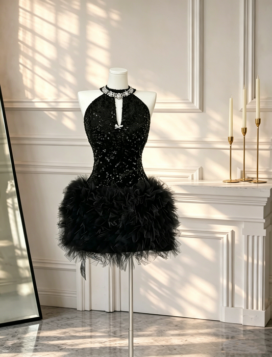 Stylish Halter Sequin Tulle Feathers Short Cocktail Dress Black Sheath Homecoming Dress D2659