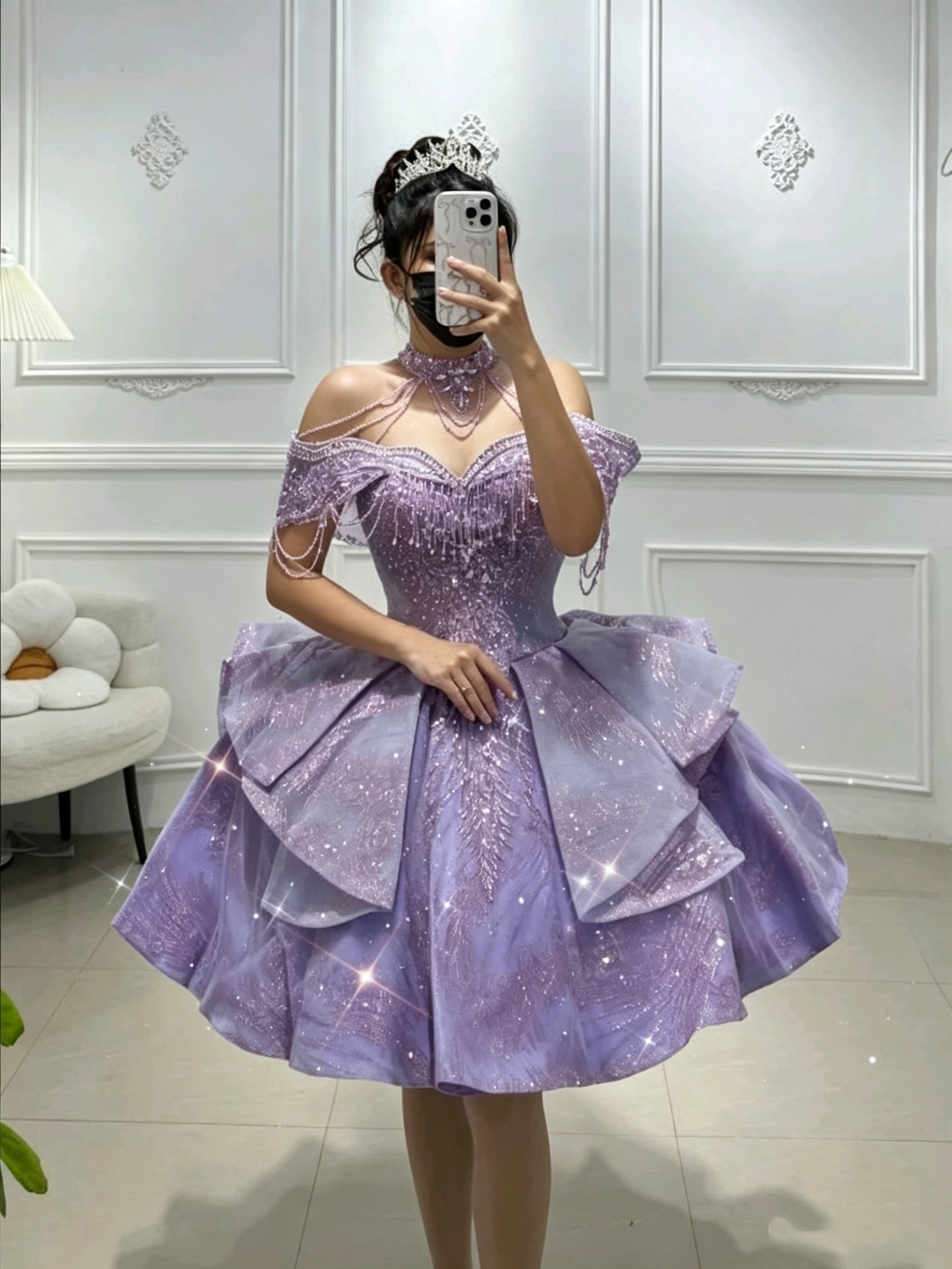 Pretty Lavender Off The Shoulder Satin Beaded A Line Short Homecoming Dress Birthday Dress D3322
