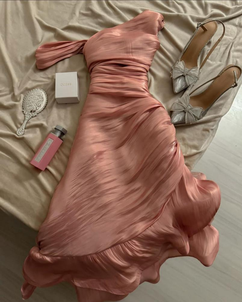 Pretty Sheath Pink Long Ruffles Prom Dresses Formal Evening Dress SD2388
