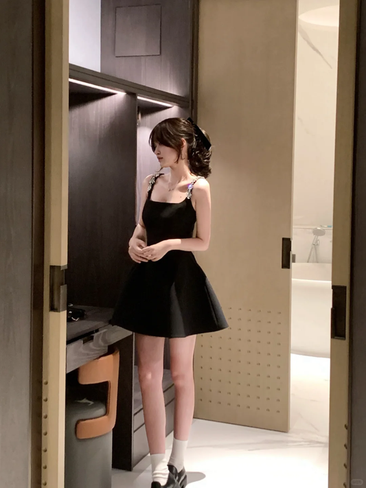 Classy Spaghetti Straps Satin Beaded Short Birthday Dress,Black A Line Short Homecoming Dress D2832