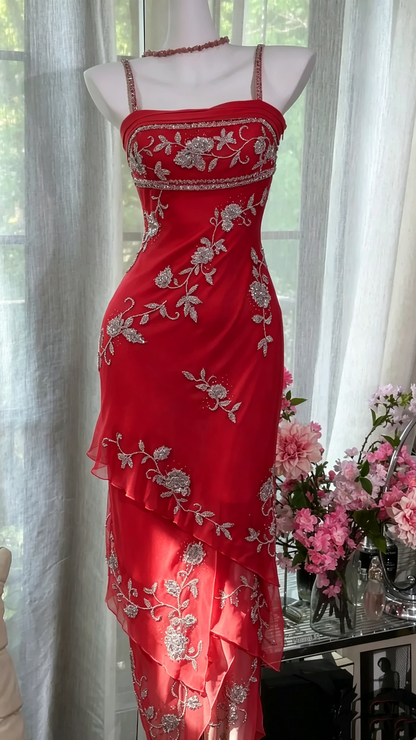 Sweet Spaghetti Straps Pink Chiffon Beaded Layered Mermaid Prom Dress Birthday Party Gown D1173