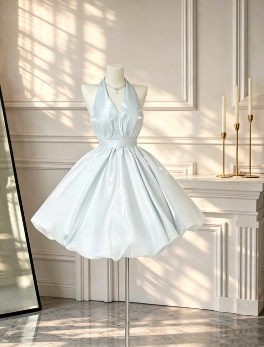 Classy Halter V Neck Satin A Line Short Graduation Homecoming Dress Light Blue Mini Birthday Outfits D2555