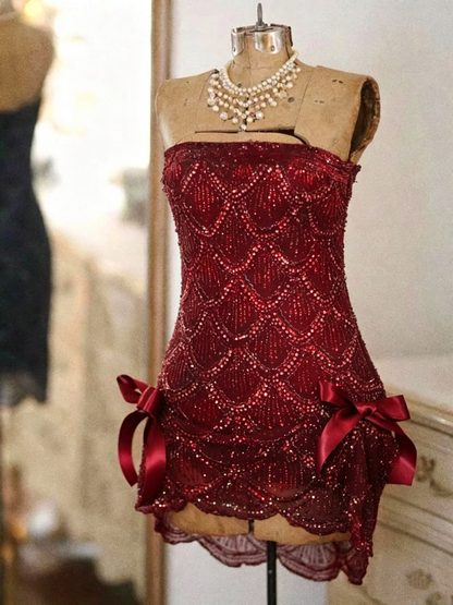 Vintage Strapless Sequin Beaded Cocktail Dress Champagne Sheath Grade Homecoming Dress Birthday Outfits S355