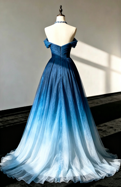 Pretty Strapless Off The Shoulder Ombre Blue Long Prom Dress Evening Gown D1392