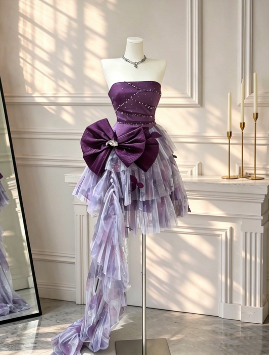 Charming Purple Satin Beaded Tulle Ruffles Short Graduation Homecoming Dress Strapless Mini Cocktail Dress With Bow D2658