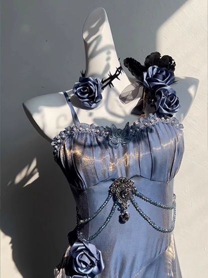 Chic Sheath Spaghetti Straps Floral Blue Long Party Dresses Birthday Outfits With Sleeves SD440