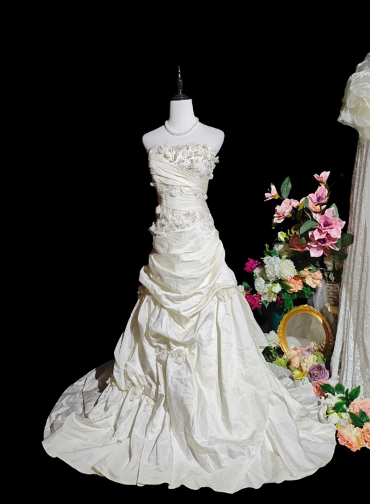 Pretty Ivory Strapless Satin Pleated Appliques Mermaid Party Dress Long Birthday Evening Gown D2363