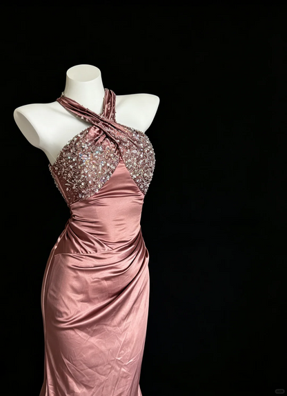 Pretty Dusty Rose Satin Beaded Mermaid Party Dress Halter Long Evening Dress D5214