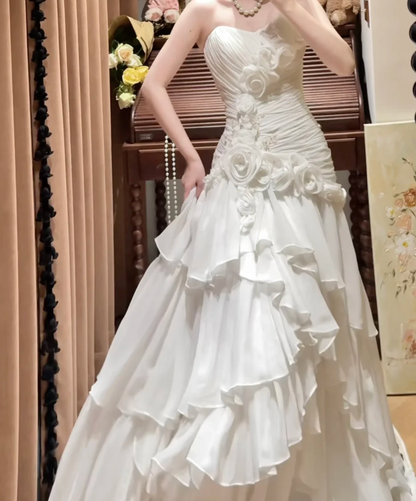 Elegant Strapless Satin Pleated Layered Mermaid Long Wedding Dress White Formal Bridal Dress D2043