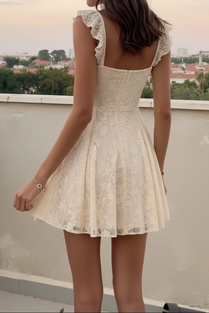 Classy Off White Sweetheart Neck Lace Ruched Lace A-Line Short Homecoming Dress Cocktail Dress D4253