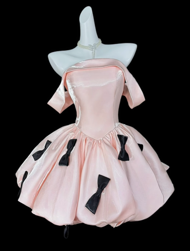 Glamorous Off The Shoulder Satin Bow A Line Short Birthday Party Dress,Pink Mini Homecoming Dress D4200
