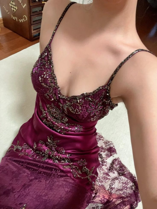 Gorgeous Spaghetti Straps Fuchsia Satin Lace Beaded Mermaid Long Evening Dress Formal Wedding Guest Dress D1887