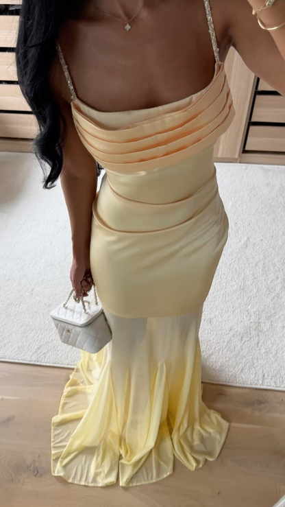 Classy Spaghetti Straps Satin Chiffon Mermaid Long Wedding Guest Dress Yellow Long Evening Dress D4727