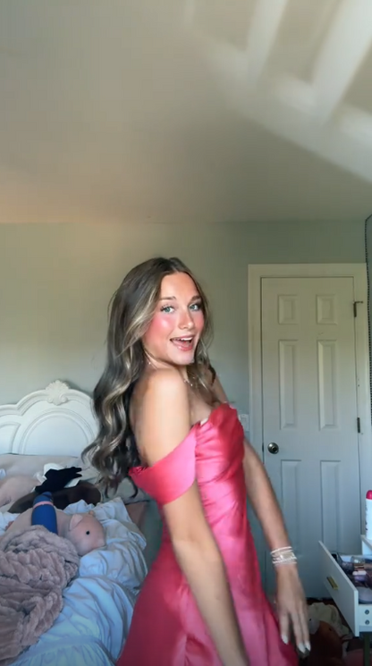 Elegant Off The Shoulder Satin Short Prom Dress,Watermelon Pink Mini Homecoming Dress D3458