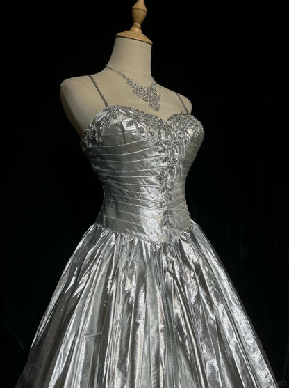 Stylish Spaghetti Straps Silver Satin Pleated Beaded A Line Short Birthday Dress Homecoming Dress D3385