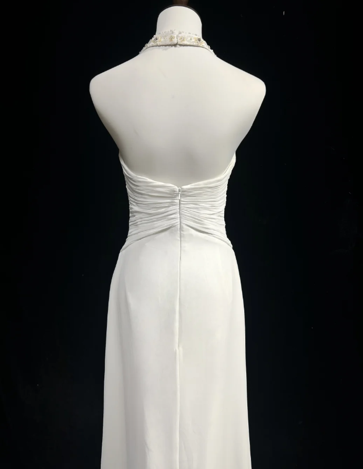 Charming White Halter Chiffon Beaded Long Wedding Guest Dress Formal Birthday Prom Dress Evening Dress D2064