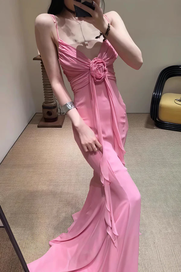 Retro Sheath Spaghetti Straps Pink Chiffon Long Party Dress Prom Dresses SD1400