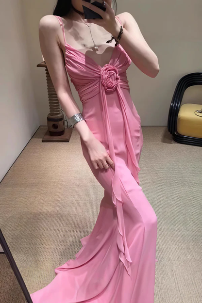 Retro Sheath Spaghetti Straps Pink Chiffon Long Party Dress Prom Dresses SD1400