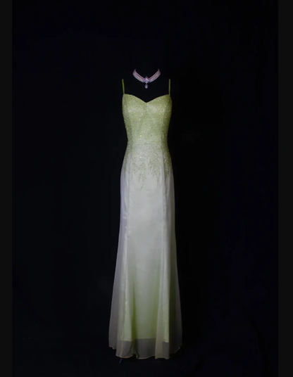 Classy Spaghetti Straps Satin Chiffon Beaded Mermaid Evening Dress Ombre Green Birthday Prom Dress D2261