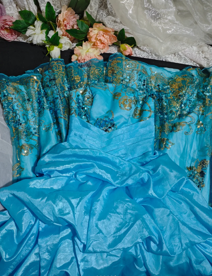 Gorgeous Strapless Quinceanera Dress Blue Satin Tulle Sequin Floral Ball Gown Sweet 16 Dress D2360