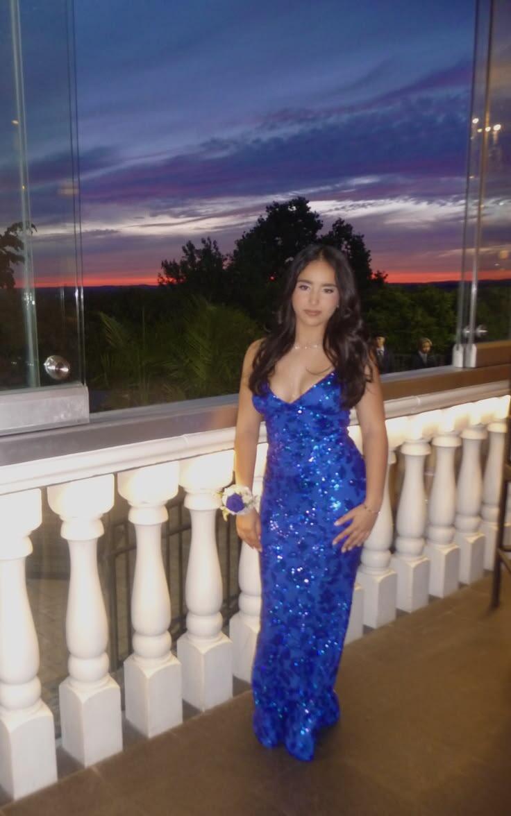 Sexy Spaghetti Strap V Neck Satin Sequin Slit Long Party Dress Blue Evening Dress D5173