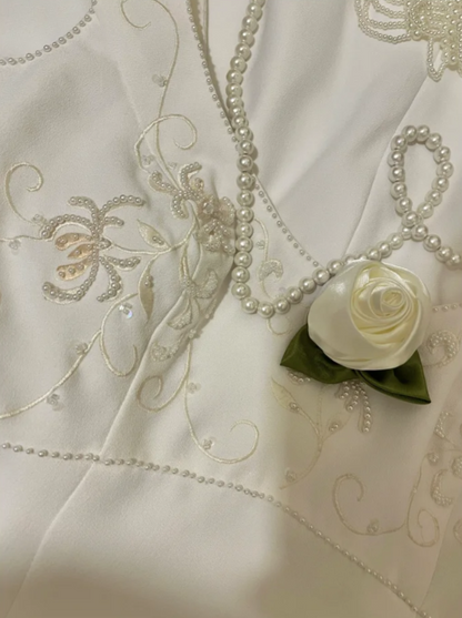 Elegant V Neck Satin Beaded Mermaid Long Wedding Guest Dress White Formal Party Dress Prom Gown D2056