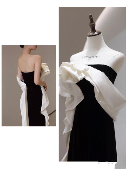 Sexy Sheath Strapless Black Satin Long Evening Gowns Prom Dresses SD1836