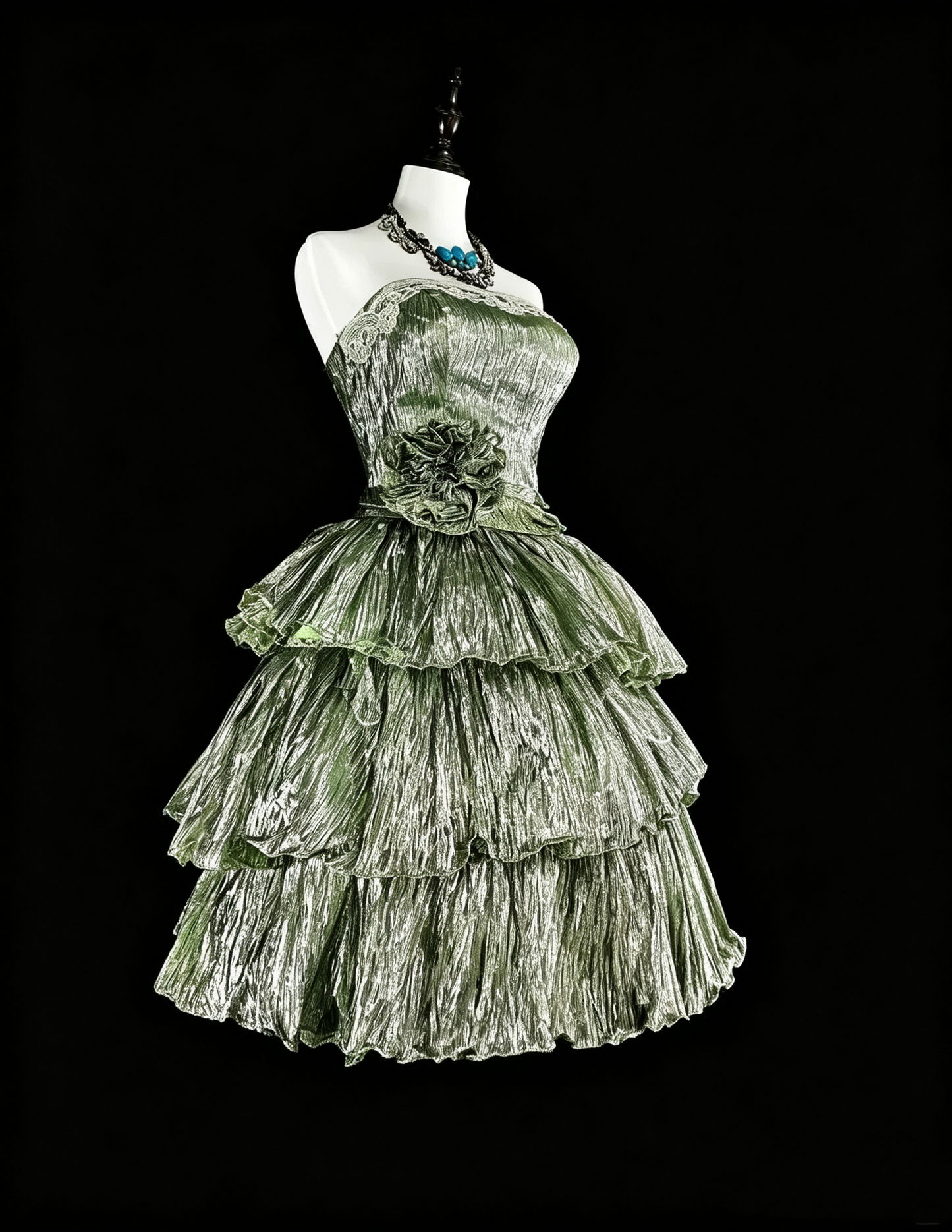 Retro Strapless Tulle Pleated Layered A Line Short 16th Birthday Outfits,Green Short Homecoming Dress D4037