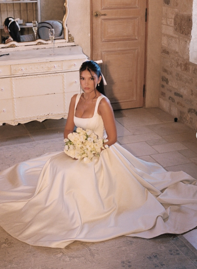 Simple Ball Gown Straps Ivory Satin Long Wedding Dresses Bridal Dress SD2390