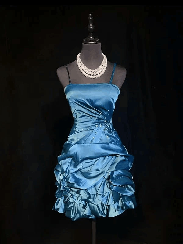 Vintage Spaghetti Straps Navy Blue Satin Pleated Short Homecoming Dress Cocktail Dress D4500