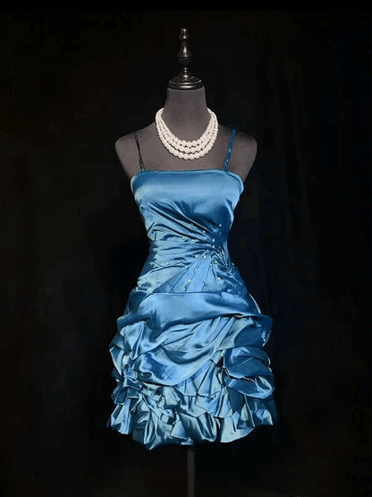 Vintage Spaghetti Straps Navy Blue Satin Pleated Short Homecoming Dress Cocktail Dress D4500