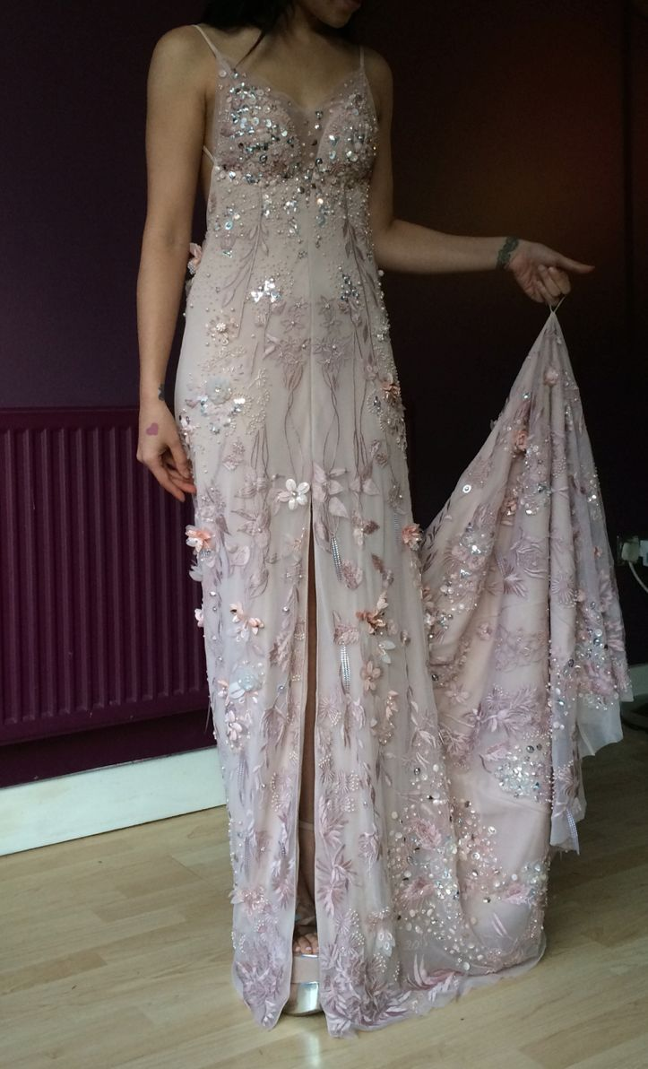 Glamorous Spaghetti Straps Chiffon Beaded Appliques Long Party Dress Pink Slit Mermaid Long Evening Gown D4625