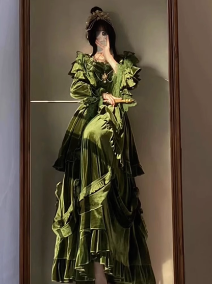 Chic Ball Gown Strapless Long Sleeves Floral Ruffles Green Prom Dresses Birthday Outfits SD459