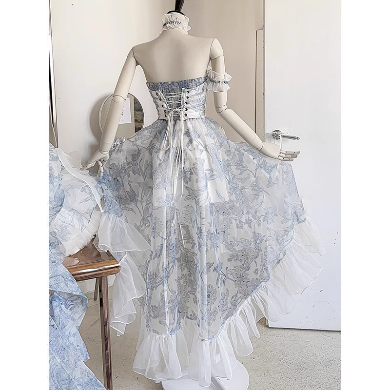 Vintage High Low Strapless Floor Length Light Blue Flowers Prom Dresses Birthday Dress SD467