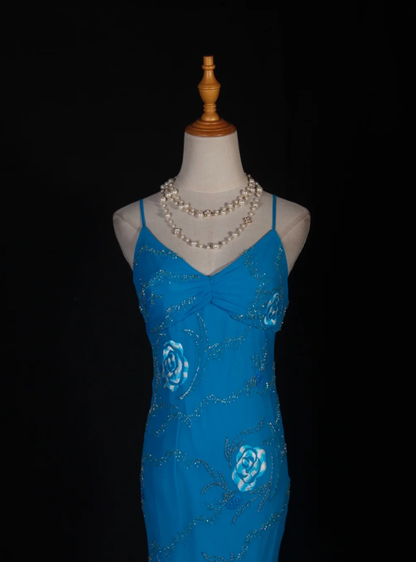 Pretty Blue Spaghetti Straps Embroidery Floral Chiffon Beaded Mermaid Long Prom Dress Party Gowns D2279