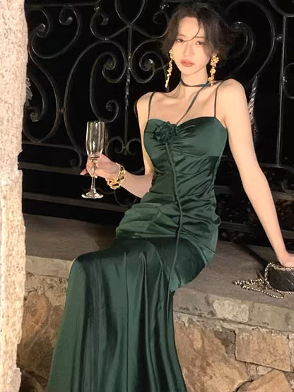 Simple Sheath Spaghetti Straps Floor Length Green Satin Prom Dresses Birthday Dress SD452