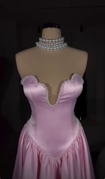 Pretty Sweetheart Neck Pink Satin Beaded A Line Long Party Dress Birthday Prom Dress D3738