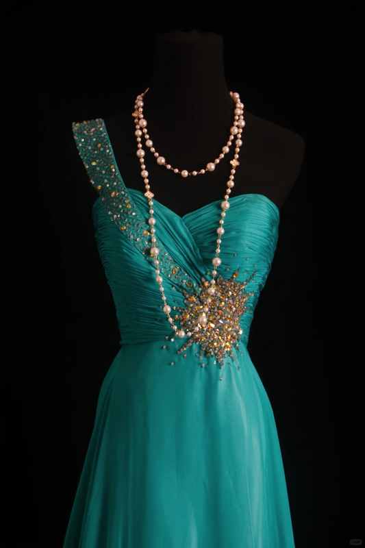 Unique One Shoulder Chiffon Beaded Long Wedding Guest Dress,Green Party Dress Prom Gown D2852