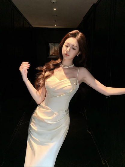 Classy Spaghetti Straps White Satin Pleated Mermaid Long Evening Dress Formal Wedding Guest Dress D2184