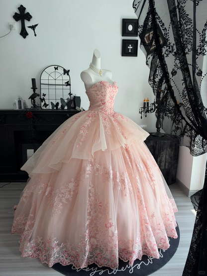 Elegant Sweetheart Neck Ball Gown Pink Tulle Lace Appliques Beaded Quinceanera Dress Sweet 15 Dress D4705