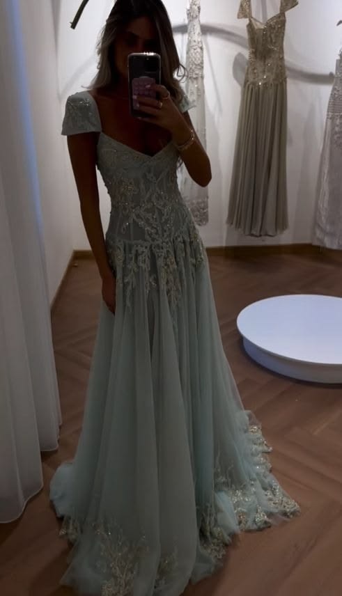 Glamorous Beaded Tulle Sequin Mermaid Long Prom Dress Ice Blue Long Party Dress D4623
