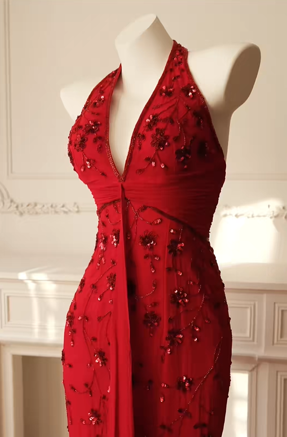 Vintage Red Sleeveless Sheath Prom Dress Birthday Party Gowns D2733