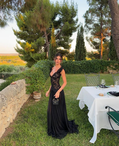 Sexy V Neck Lace Chiffon Evening Dress Black Long Party Gowns D5307