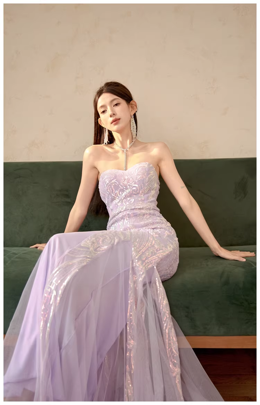 Gorgeous Sweetheart Neck Lavender Tulle Sequin Mermaid Long wedding Guest Dress Formal Evening Dress Prom Gown D2435