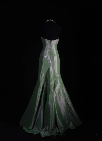 Pretty Strapless Green Satin Beaded Appliques Party Dress Long Mermaid 20th Birthday Outfits D2227