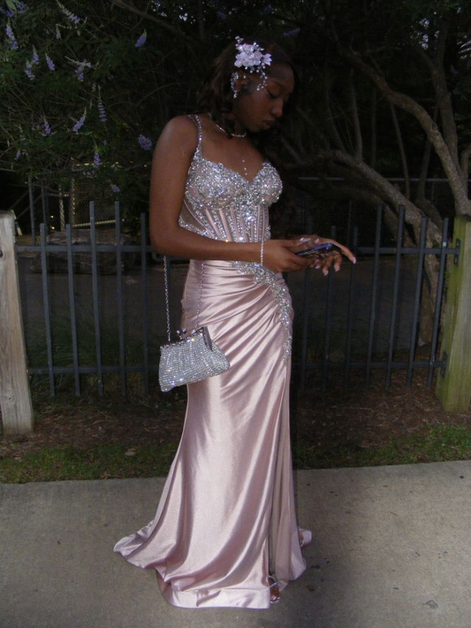 Classy Spaghetti Straps Pink Satin Beaded Mermaid Evening Dress Slit Long Wedding Guest Dress D1507