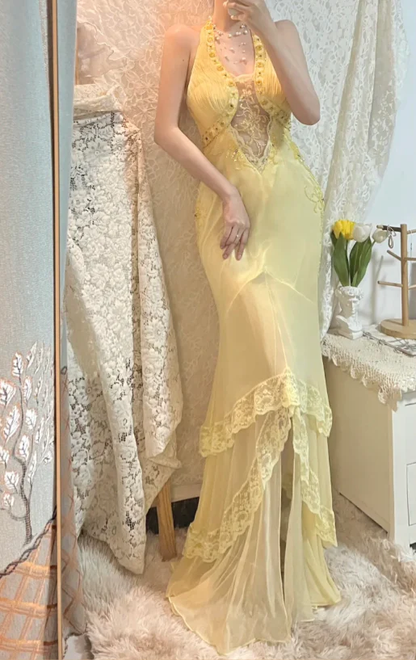 Classy Halter Yellow Lace Chiffon Beaded Mermaid Long Evening Gown Party Dress D1888