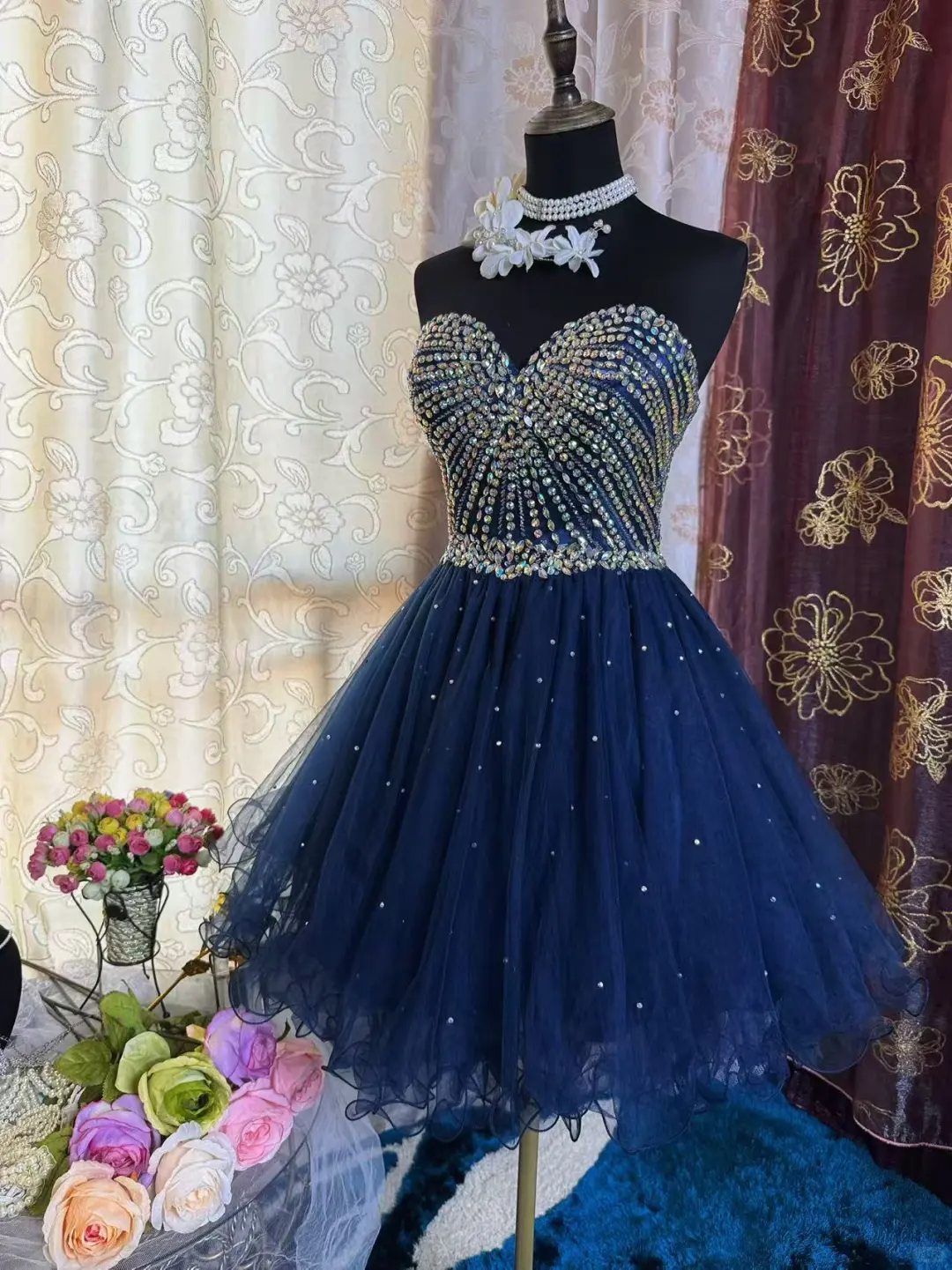 Sparkly Sweetheart Neck Blue Tulle Beaded A Line Short Prom Dress Formal Homecoming Dress D316